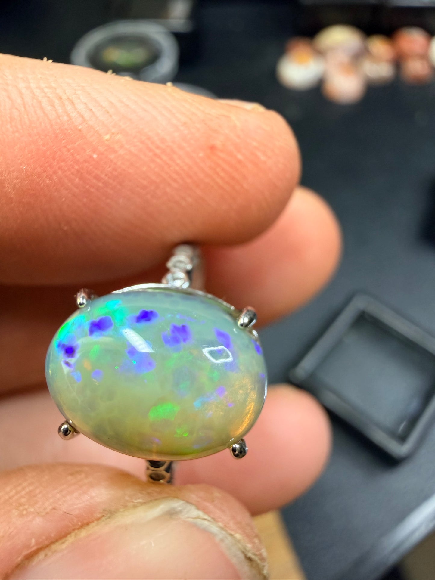 2.8 carat all natural Ethiopian opal adjustable ring with honeycomb pattern