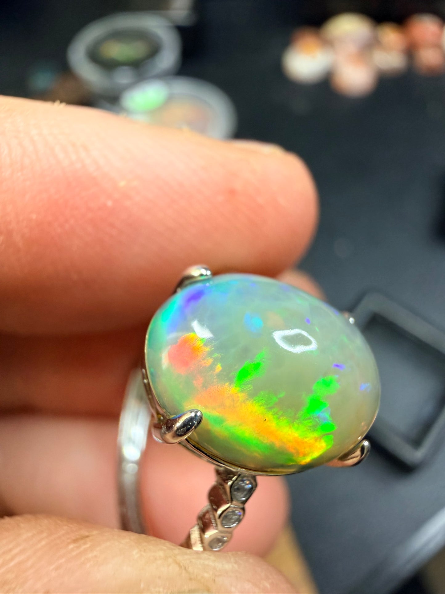 2.8 carat all natural Ethiopian opal adjustable ring with honeycomb pattern