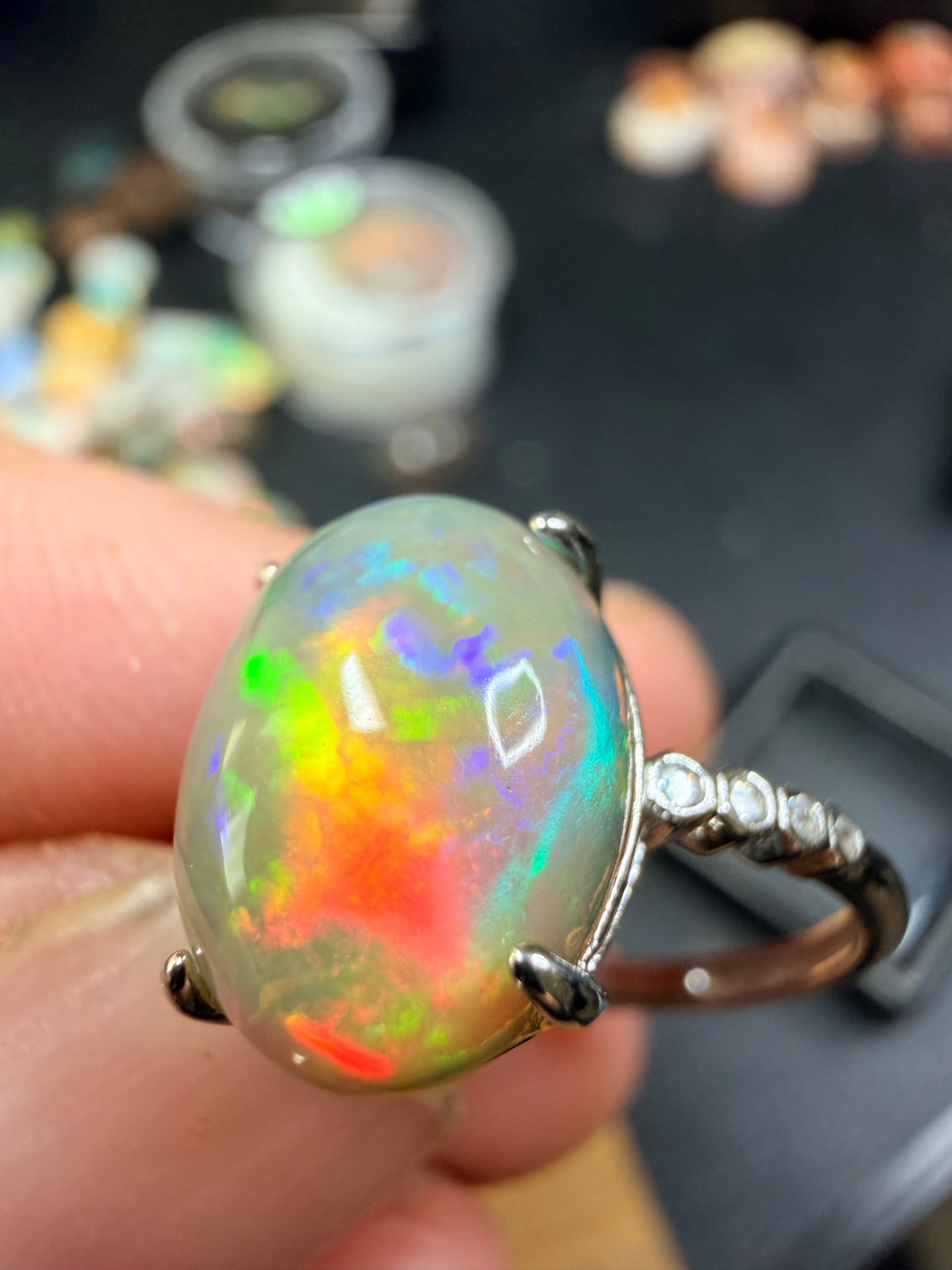 2.8 carat all natural Ethiopian opal adjustable ring with honeycomb pattern