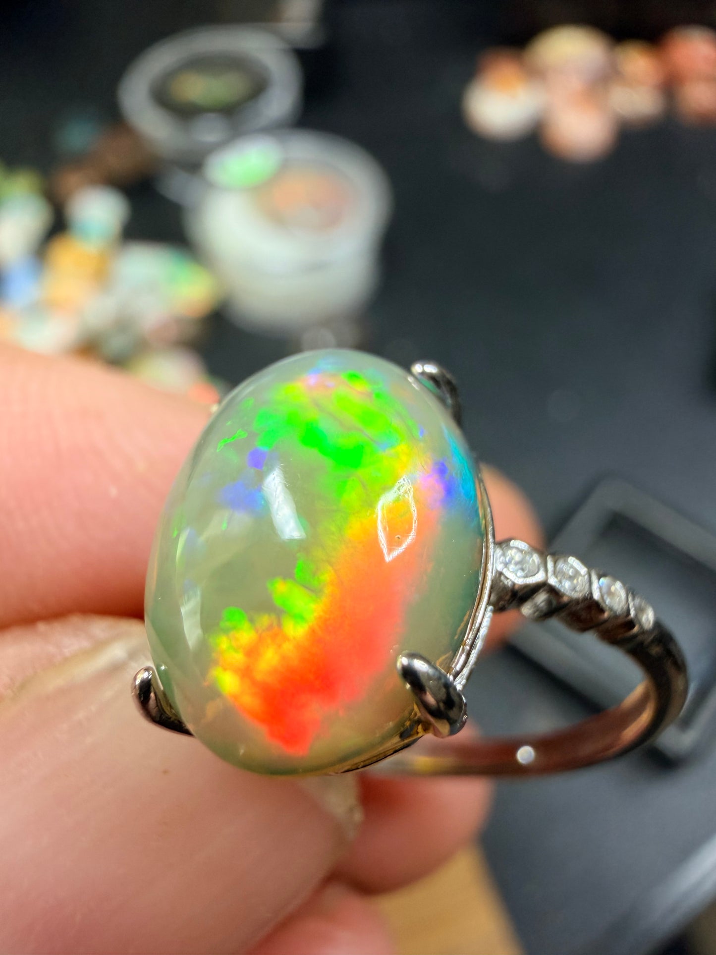 2.8 carat all natural Ethiopian opal adjustable ring with honeycomb pattern
