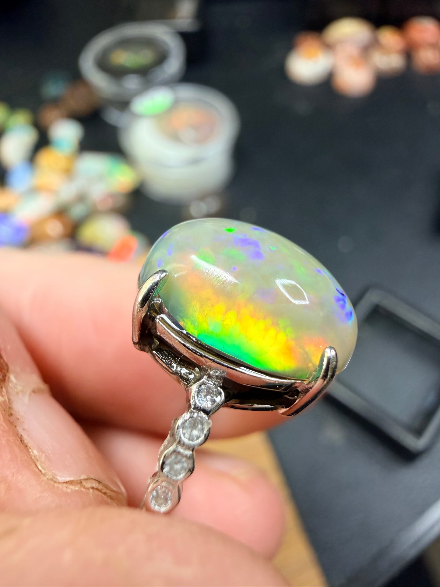 2.8 carat all natural Ethiopian opal adjustable ring with honeycomb pattern