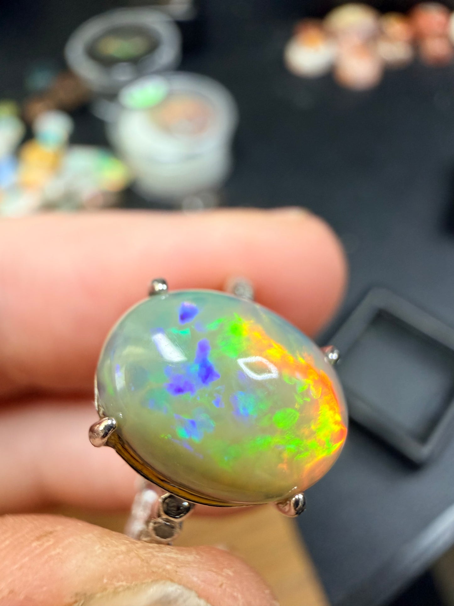 2.8 carat all natural Ethiopian opal adjustable ring with honeycomb pattern