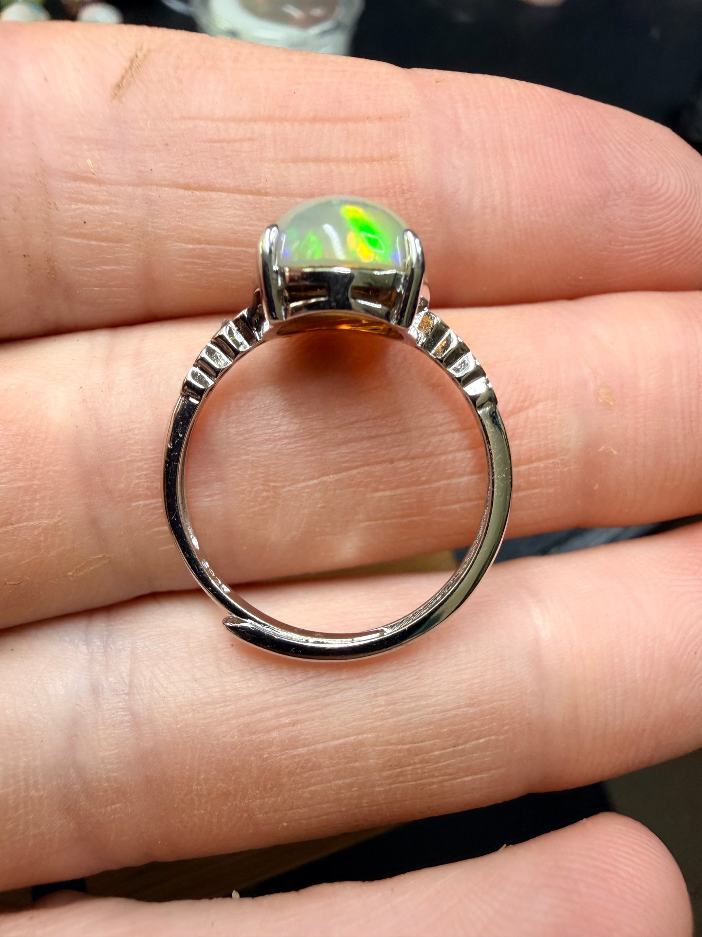 2.8 carat all natural Ethiopian opal adjustable ring with honeycomb pattern