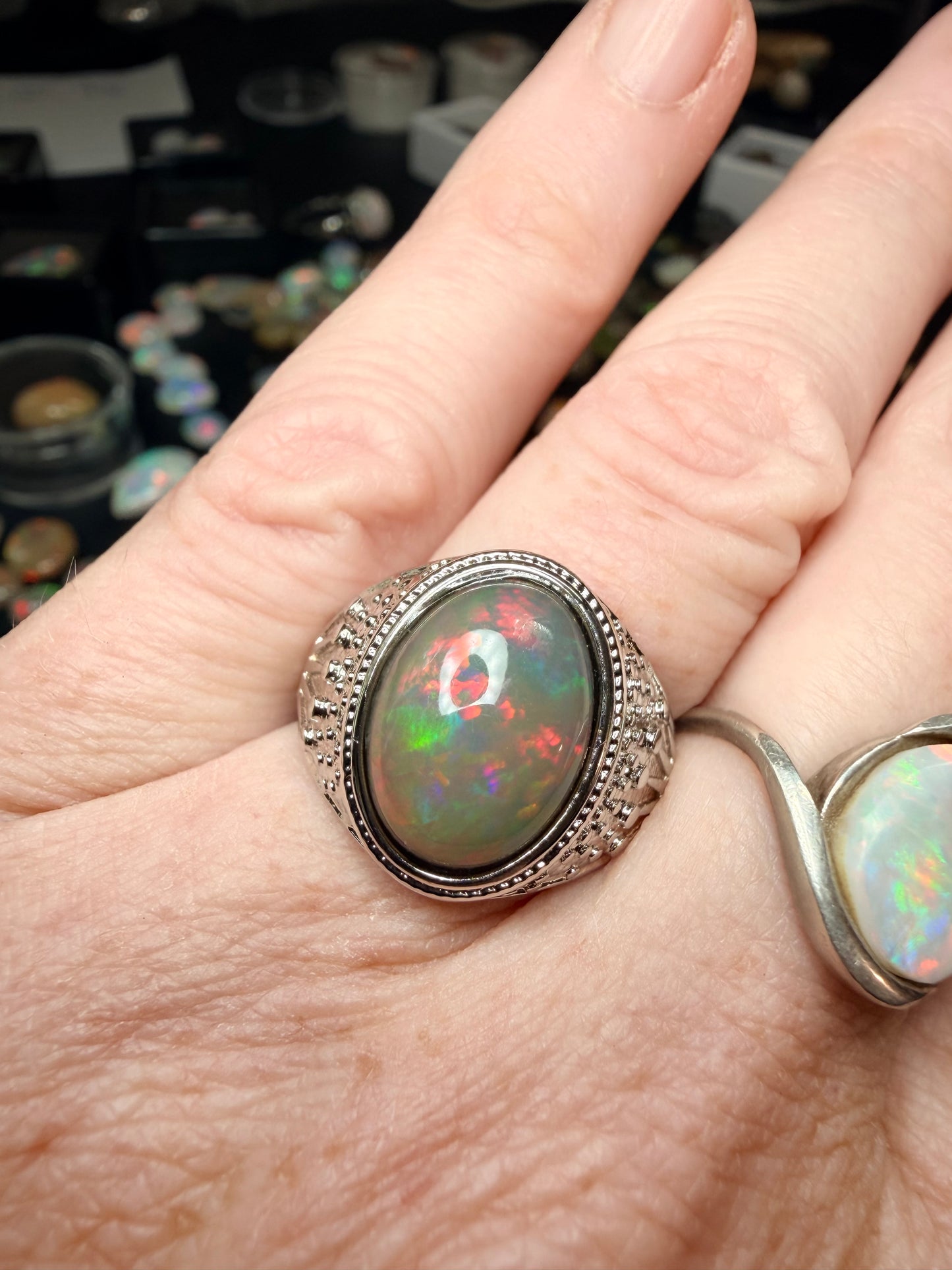 Men’s all natural 3.7 carat Ethiopian opal adjustable ring in dark base