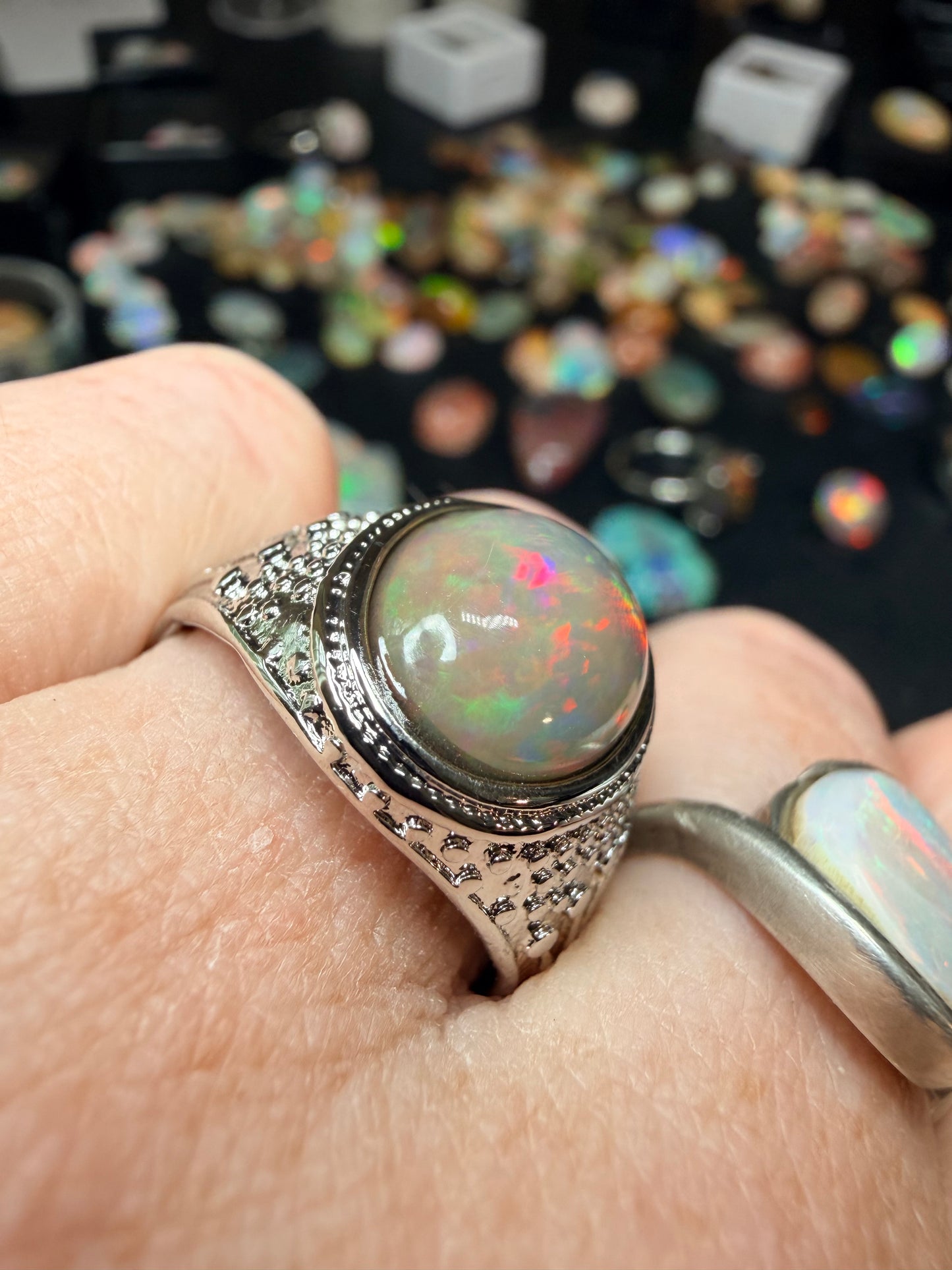 Men’s all natural 3.7 carat Ethiopian opal adjustable ring in dark base