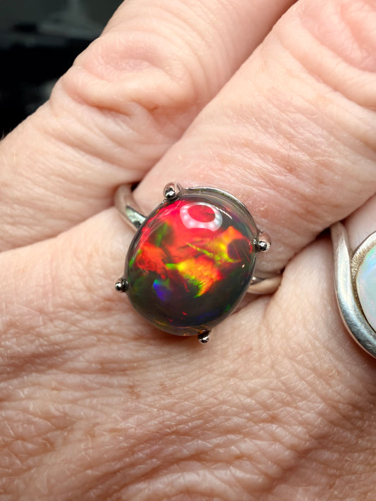 3.4 carat all natural black Ethiopian opal adjustable ring