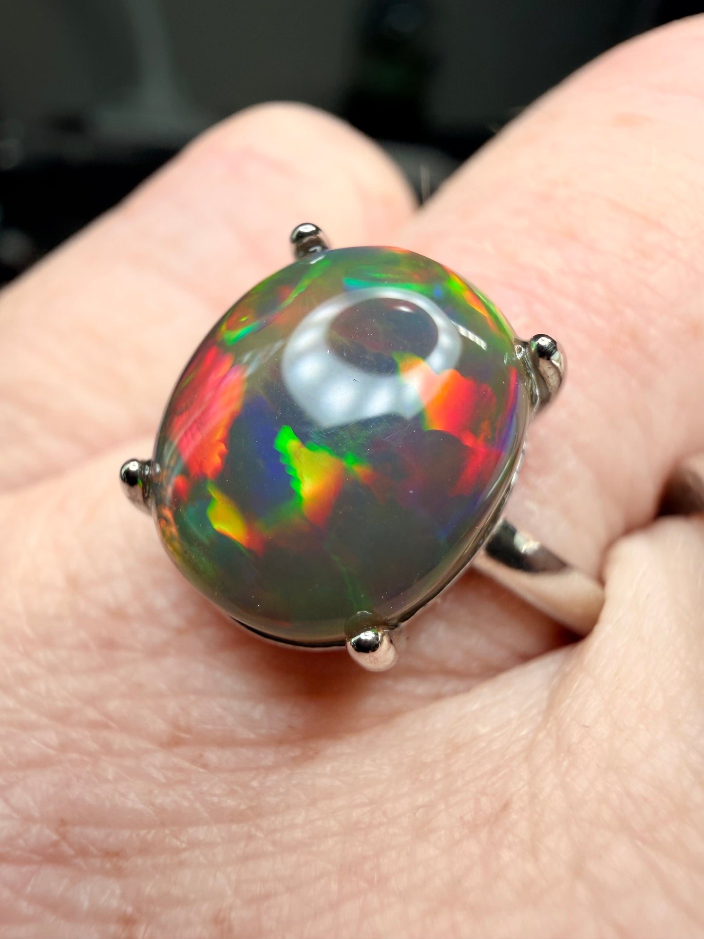 3.4 carat all natural black Ethiopian opal adjustable ring