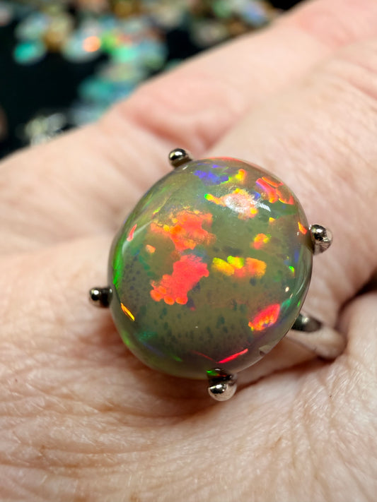 4.1 carat all natural dark honeycomb Ethiopian opal adjustable ring